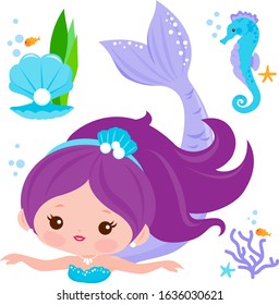 Beautiful mermaid and sea animals. Vector illustration