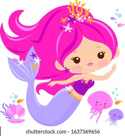 Beautiful mermaid and sea animals. Vector illustration