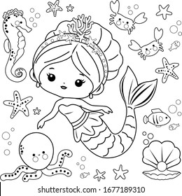 Beautiful mermaid and sea animals. Vector black and white coloring page.