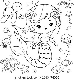 Beautiful mermaid and sea animals. Vector black and white coloring page.