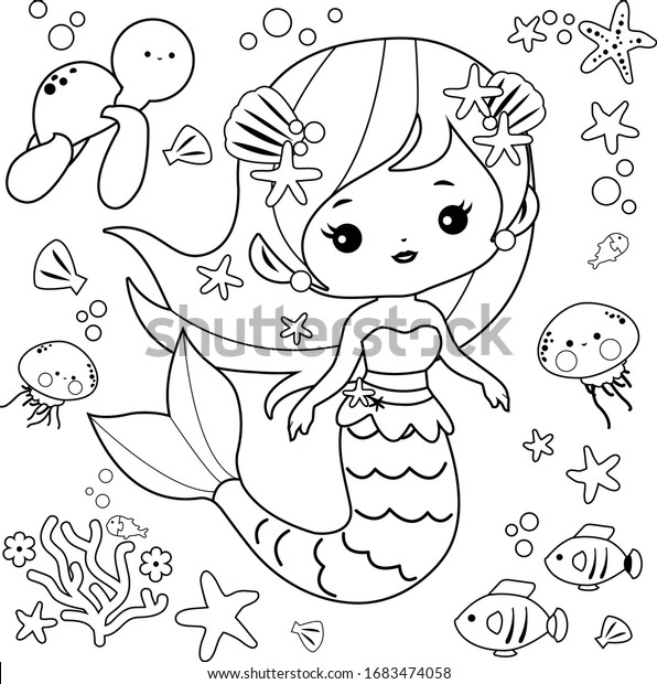 美しい人魚と海の動物 白黒のベクター画像のカラーリングページ のベクター画像素材 ロイヤリティフリー