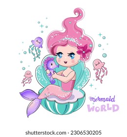 Hermosa sirena, mar・Horse y peces coloridos Ilustración vectorial aislada en fondo blanco. Imprimir para camisetas para niños