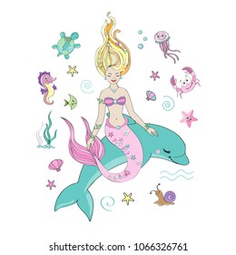 Beautiful mermaid and sea fish, turtle and crab