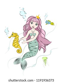 A beautiful mermaid  and sea horse. Postcard with a mermaid. Style doodle.