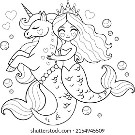 Beautiful Mermaid With Sea Unicorn. Vector Outline For Coloring