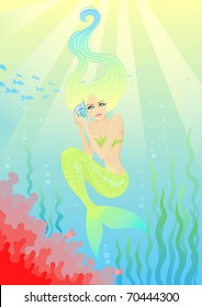 Beautiful mermaid with shell in hands. Vector illustration