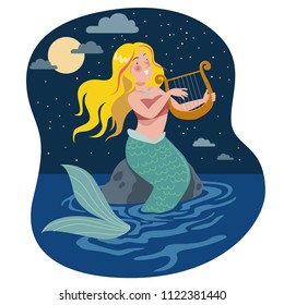 Beautiful mermaid singing and playing little harp at the night, in the middle of the ocean, under the moonlight.