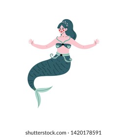 Beautiful Mermaid or Siren with Green Hair and Tail Vector Illustration