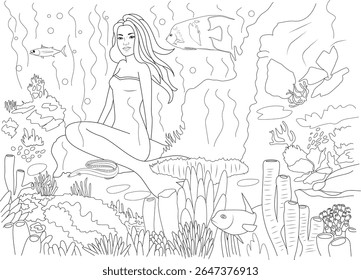 Beautiful Mermaid Sitting on a Rock in an Underwater Fantasy World, Surrounded by Fish, Coral, and Seaweed. Detailed Line Art Illustration for Coloring Books or Children's Projects.
