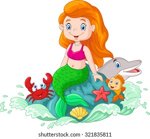 Beautiful mermaid sitting on the rock in the sea with sea animals