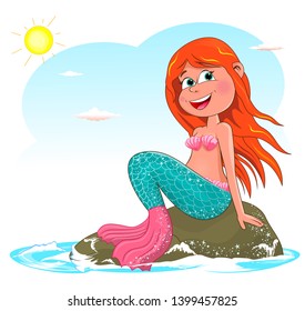 Beautiful mermaid sitting on a sea stone. Mermaid with red hair against the sky.