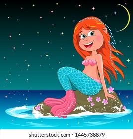 Beautiful mermaid sitting on a sea stone. Mermaid with red hair on the background of the night starry sky.