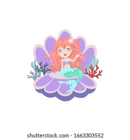 Hermosa sirena sentada sobre conchas marinas y vectores de decoración coralina