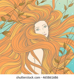 Beautiful mermaid with streaming hair, hand drawn vector illustration.