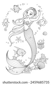 Beautiful mermaid with surrounded with sea creatures, corals and shells. Vector black and white illustration for coloring book page.