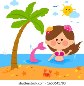 Beautiful mermaid swimming in the water near the beach. Vector illustration