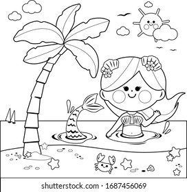 Beautiful mermaid swimming in the water. Vector black and white coloring page.