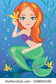 beautiful mermaid with tail in the sea underwater pattern vector illustration, fantasy girl swimming in water ocean hand drawn background
