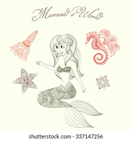 beautiful mermaid with tail in the sea underwater pattern vector illustration, fantasy girl swimming in water ocean hand drawn background