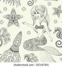 beautiful mermaid with tail in the sea underwater seamless pattern vector illustration, fantasy girl swimming in water ocean hand drawn background