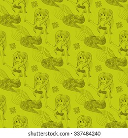 beautiful mermaid with tail in the sea underwater seamless pattern vector illustration, fantasy girl swimming in water ocean hand drawn background