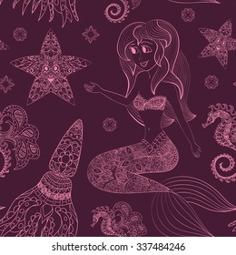beautiful mermaid with tail in the sea underwater seamless pattern vector illustration, fantasy girl swimming in water ocean hand drawn background