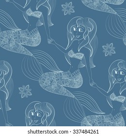 beautiful mermaid with tail in the sea underwater seamless pattern vector illustration, fantasy girl swimming in water ocean hand drawn background