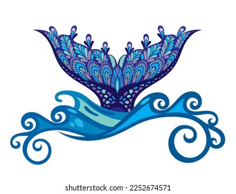 Hermosa cola de sirena y olas de mar. Ilustración del vector