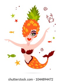 Beautiful mermaid. Tasty pineapple. Vector illustration on white background. Summer print on a T-shirt.
