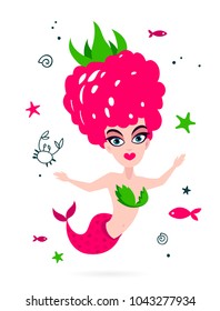 Beautiful mermaid. Tasty raspberry. Vector illustration on white background. Summer print on a T-shirt.