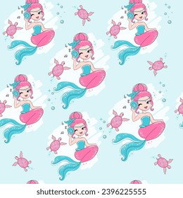 Beautiful mermaid and turtle on a blue background seamless pattern. Cartoon illustration for kids. T-shirt art, pajamas print