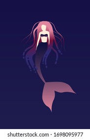 Beautiful mermaid under the water. Gradient hair. Ocean.
