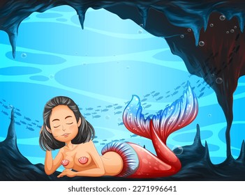 Beautiful mermaid underwater cave scene illustration