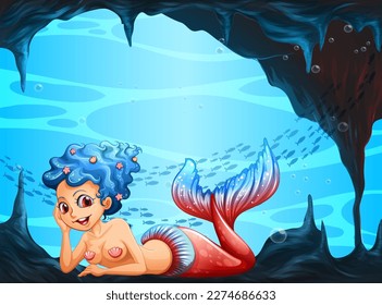 Beautiful mermaid underwater cave scene illustration