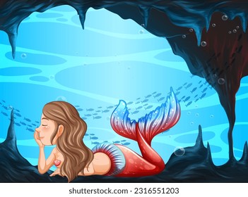 Beautiful mermaid underwater cave scene illustration