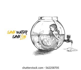 Beautiful mermaid underwater drop from water tap, Hand Drawn Sketch Vector illustration.