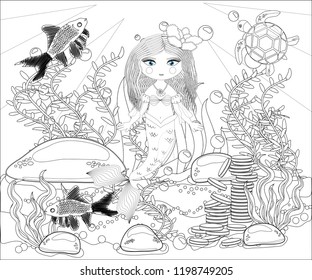 Beautiful mermaid. Underwater world. Anti stress coloring book for adult. Outline drawing coloring page. Black and white in zentangle style. Sea, shells. Marine theme.