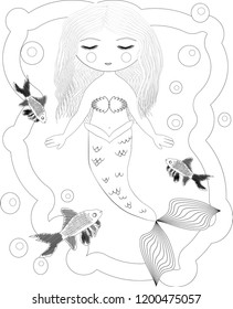 Beautiful mermaid. Underwater world. Anti stress coloring book for adult. Outline drawing coloring page. Black and white in zentangle style. Sea, shells. Marine theme.