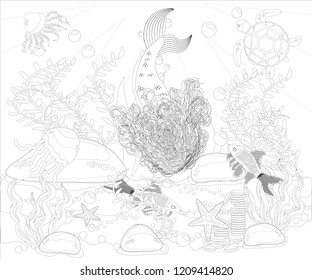 Beautiful mermaid. Underwater world. Anti stress coloring book for adult. Outline drawing coloring page. Black and white in zentangle style. Sea, shells. Marine theme.