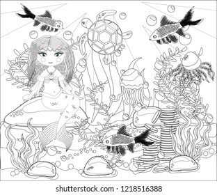 Beautiful mermaid. Underwater world. Anti stress coloring book for adult. Outline drawing coloring page. Black and white in zentangle style. Sea, shells. Marine theme.