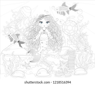 Beautiful mermaid. Underwater world. Anti stress coloring book for adult. Outline drawing coloring page. Black and white in zentangle style. Sea, shells. Marine theme.