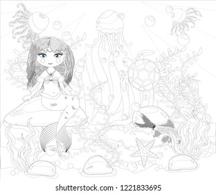 Beautiful mermaid. Underwater world. Anti stress coloring book for adult. Outline drawing coloring page. Black and white in zentangle style. Sea, shells. Marine theme.