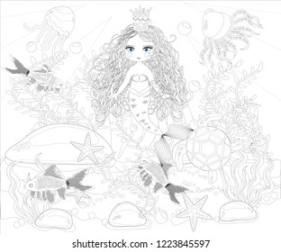 Beautiful mermaid. Underwater world. Anti stress coloring book for adult. Outline drawing coloring page. Black and white in zentangle style. Sea, shells. Marine theme.