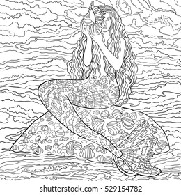 Beautiful mermaid. Underwater world. Anti stress coloring book for adult. Outline drawing coloring page. Black and white in zentangle style. Sea, shells. Marine theme. Fantasy. Vector illustration.