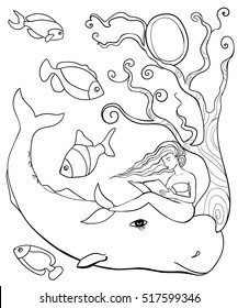 Beautiful mermaid. Underwater world. Coloring book for children. Outline drawing coloring page.  Sea, fish, sperm whale, tree. Marine. Fantasy. Black and white vector illustration. Cartoon character.