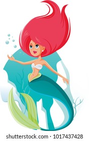 Beautiful Mermaid Vector Cartoon Illustration. Cute fantasy sea underwater fairy art drawing 
