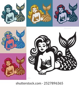 Beautiful Mermaid Vector Illustration, Mermaids Clip Art, Fairy Tale Mermaid Cartoon, Mermaid Mythology Icon.