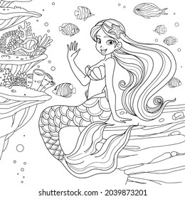 hermosa Sirena en el mundo del agua, dibujos animados, Cute , ilustración vectorial aislada en fondo blanco, páginas de libros de color