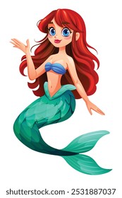 Beautiful mermaid waving hand in a cheerful pose. Vector cartoon character illustration