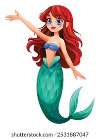 Beautiful mermaid waving hand in a friendly gesture. Vector cartoon character illustration